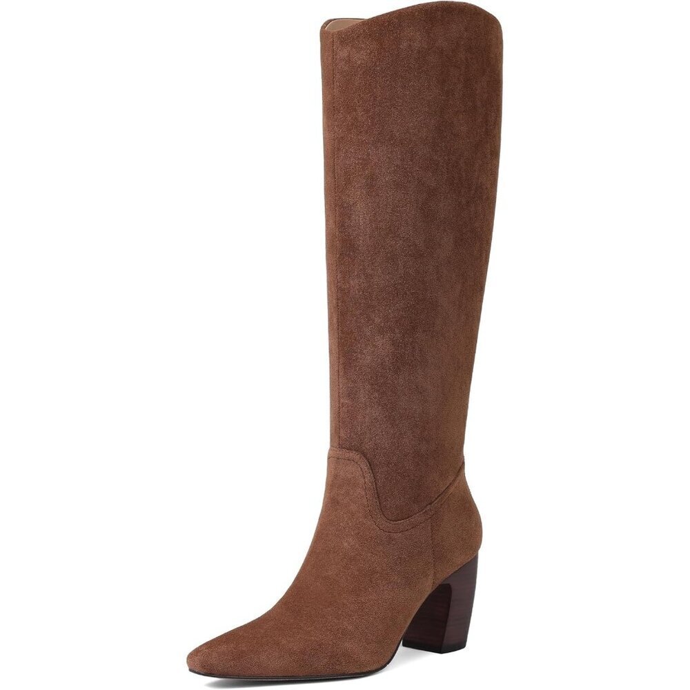 Women Knee High Darkbrown Boot Square Toe Chunky Heel Wide Calf Tall Zipper Boot